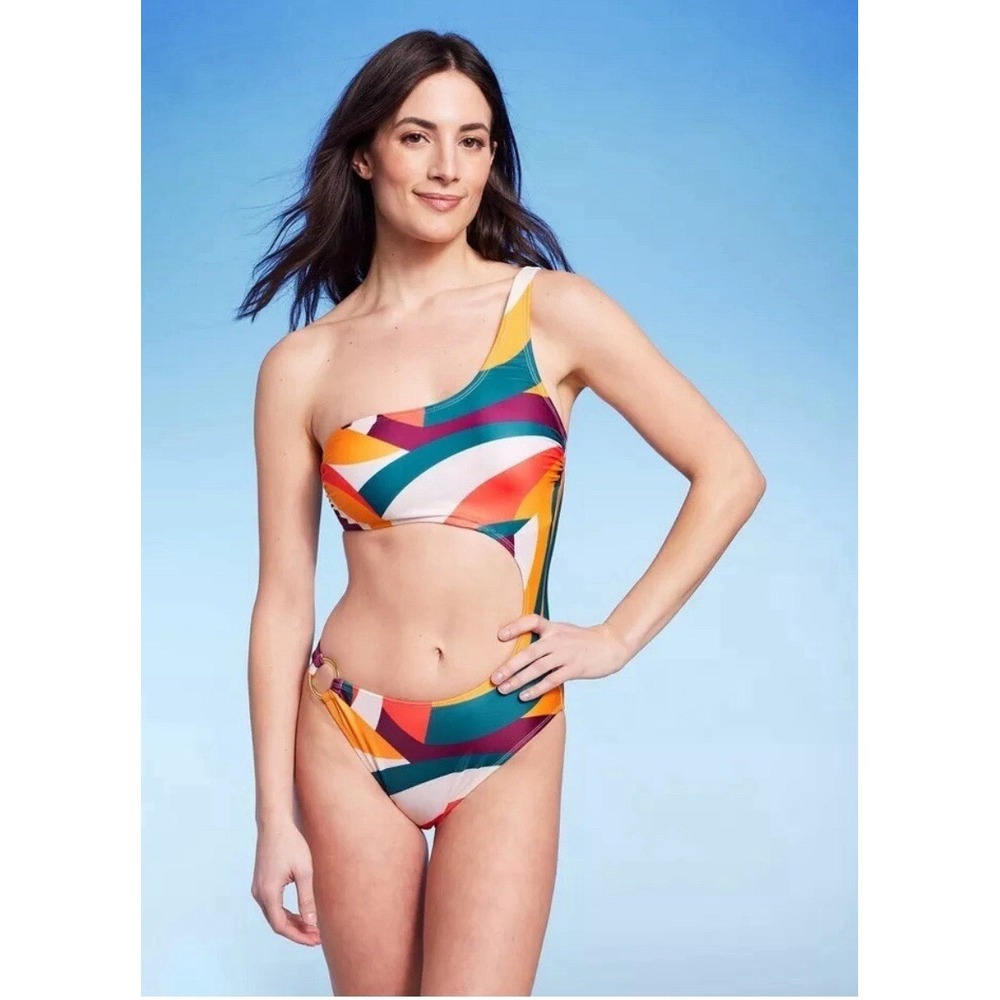 Shade & Shore Womens One Shoulder Cutout Monokini Swimsuit Multi Color Large